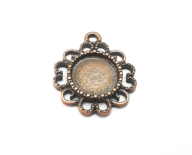 2 Flower Pendant Bezel, Resin Blank, inlay Mountings, Mosaic Frame, Cabochon Bases, Dry Flower Settings, Antique Copper Plated (14mm) G29062