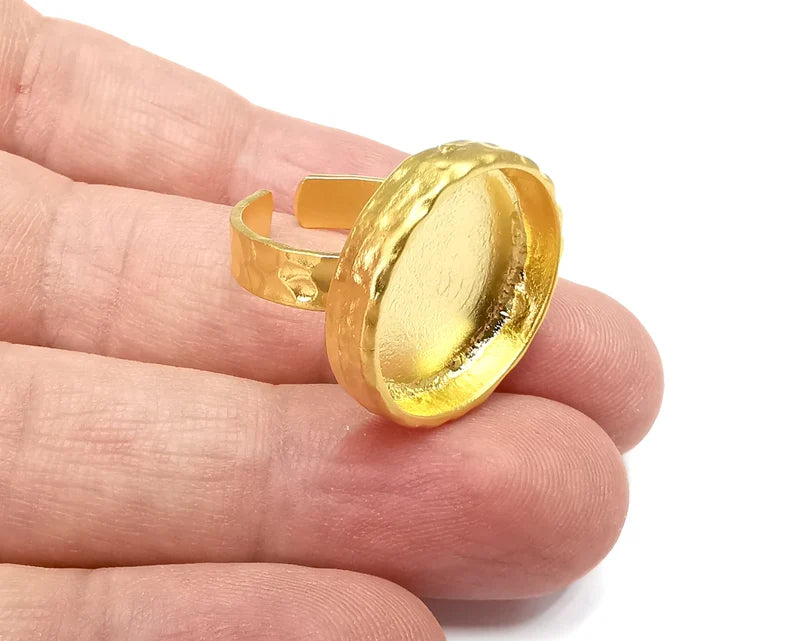 Round Hammered Gold Ring Blank Setting, Cabochon Mounting, Adjustable Resin Ring Base Bezels, Inlay Ring Mosaic Ring Bezel (18mm) G29068
