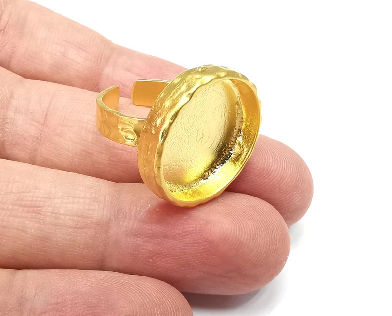 Round Hammered Gold Ring Blank Setting, Cabochon Mounting, Adjustable Resin Ring Base Bezels, Inlay Ring Mosaic Ring Bezel (18mm) G29068