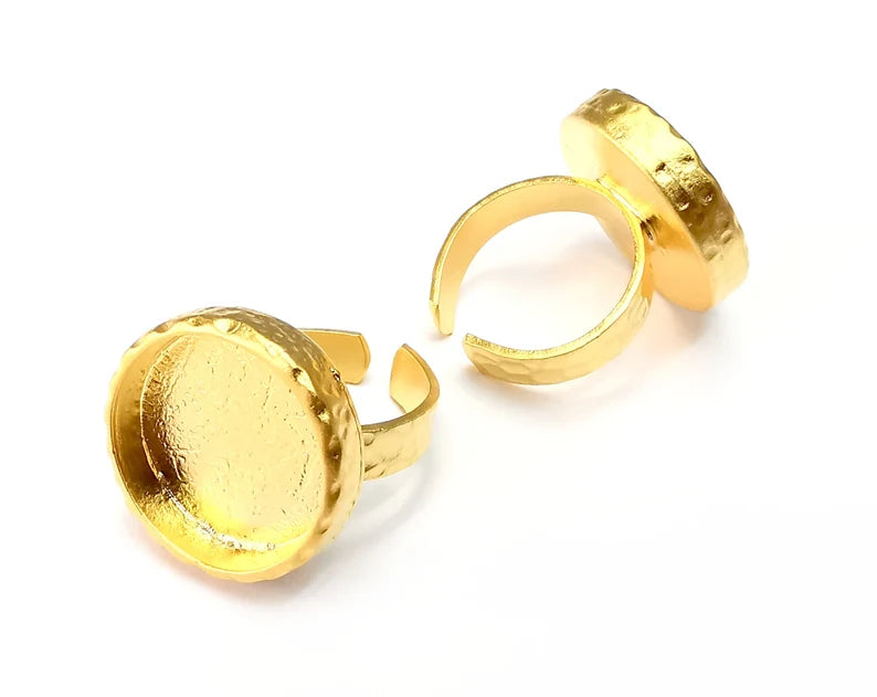 Round Hammered Gold Ring Blank Setting, Cabochon Mounting, Adjustable Resin Ring Base Bezels, Inlay Ring Mosaic Ring Bezel (18mm) G29068