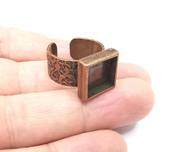 Square Antique Copper Ring Blank Setting, Cabochon Mounting, Adjustable Resin Ring Base Bezels, Inlay Ring Mosaic Ring Bezel (12mm) G29070