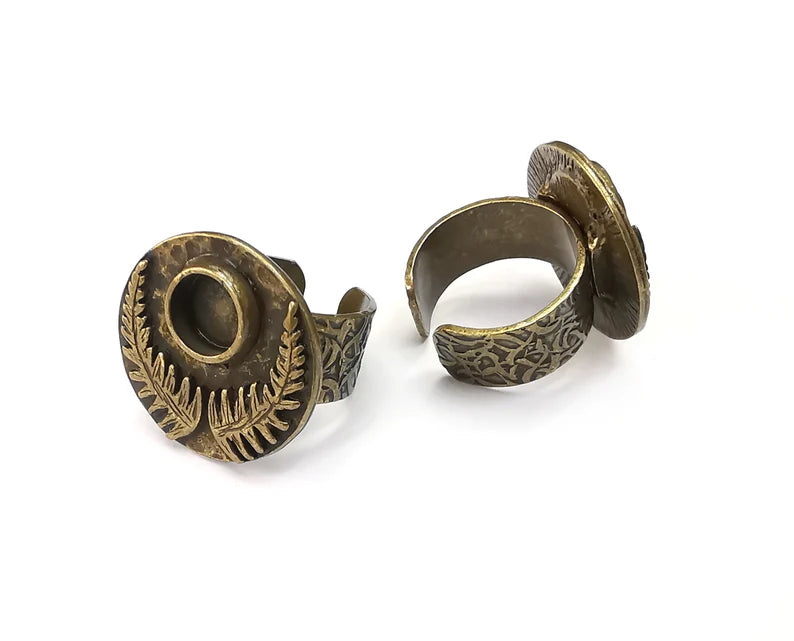 Fern Leaf Ring Blanks Settings, Cabochon Mounting, Adjustable Resin Ring Base Bezels, Antique Bronze Plated Brass (8mm) G29081