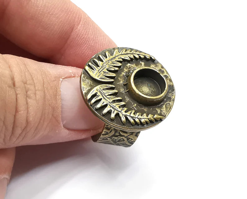 Fern Leaf Ring Blanks Settings, Cabochon Mounting, Adjustable Resin Ring Base Bezels, Antique Bronze Plated Brass (8mm) G29081