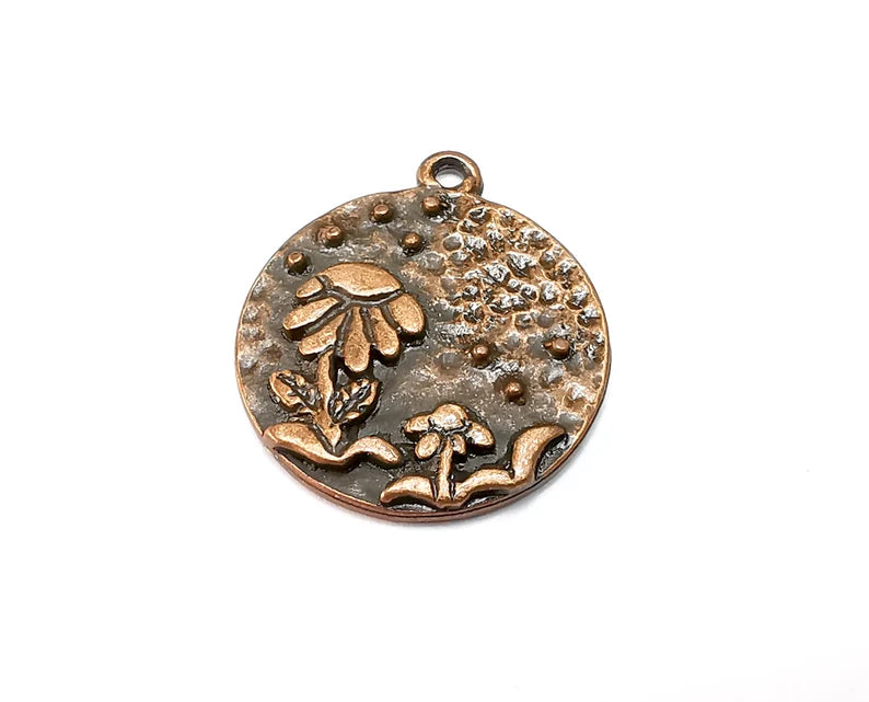 Flower Garden Charms Antique Copper Plated Hammered Charms (24mm) G29079