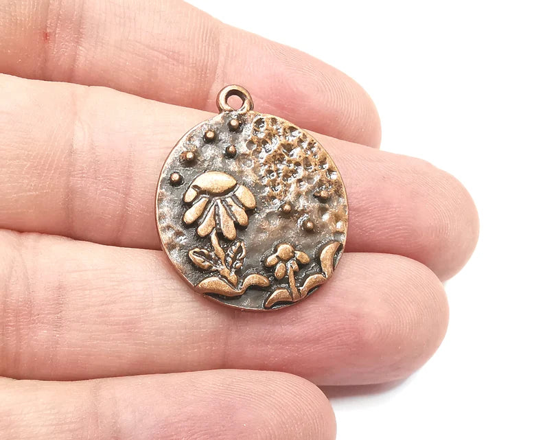 Flower Garden Charms Antique Copper Plated Hammered Charms (24mm) G29079