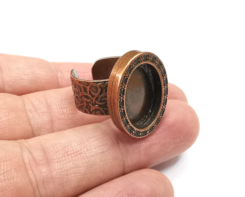 Flower Ring, Oval Ring Blank Setting, Cabochon Mounting, Adjustable Resin Base Bezels, Antique Copper Plated (18x13mm) G29080