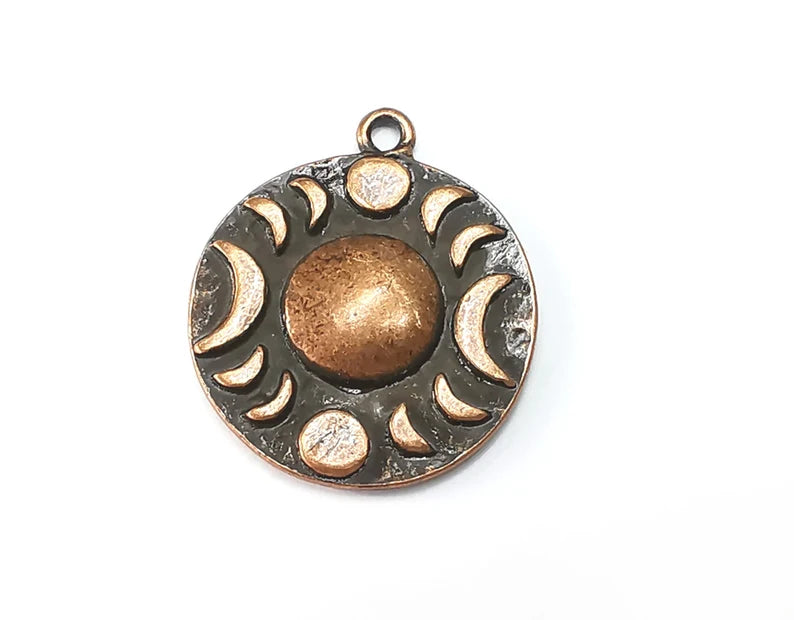 Crescent Moon Charms The Phases of The Moon, Round Hammered Antique Copper Plated (29x25mm) G29083