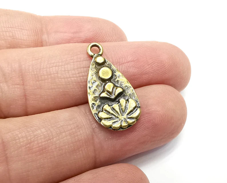 2 Drop Lotus Flower Dangle Charms, Antique Bronze Plated Charms (25x12mm) G29084