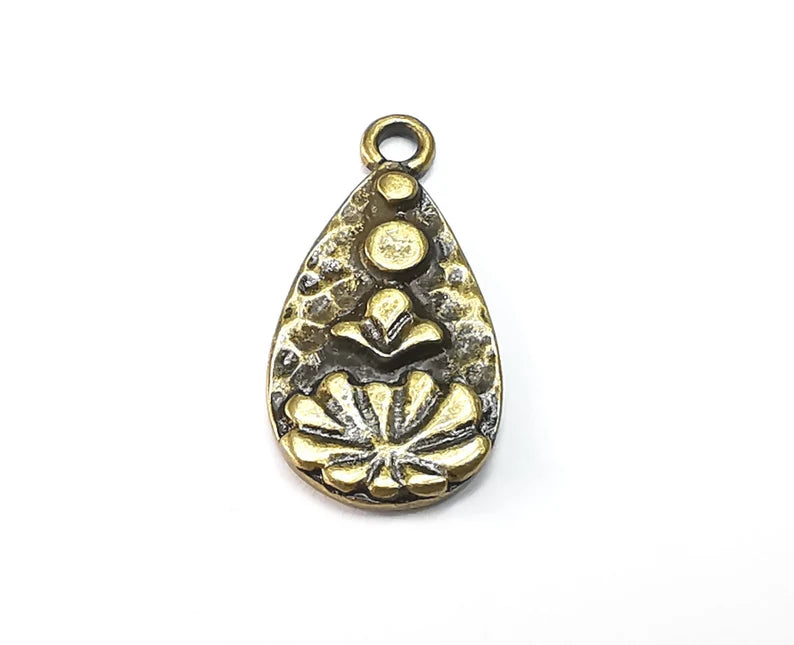 2 Drop Lotus Flower Dangle Charms, Antique Bronze Plated Charms (25x12mm) G29084