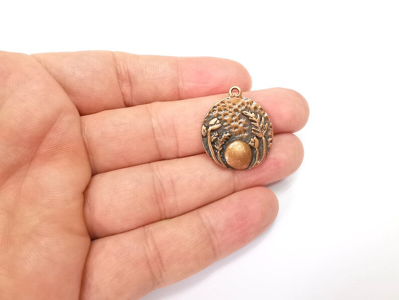 Garden Flowers Charms Full Moon Charms Hammered Disc Pendant Antique Copper Plated (28x25mm) G29010