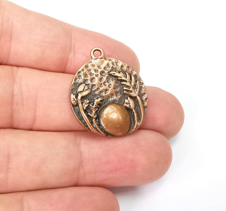 Garden Flowers Charms Full Moon Charms Hammered Disc Pendant Antique Copper Plated (28x25mm) G29010