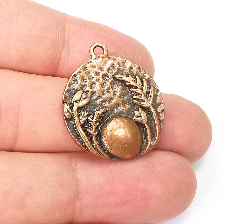 Garden Flowers Charms Full Moon Charms Hammered Disc Pendant Antique Copper Plated (28x25mm) G29010
