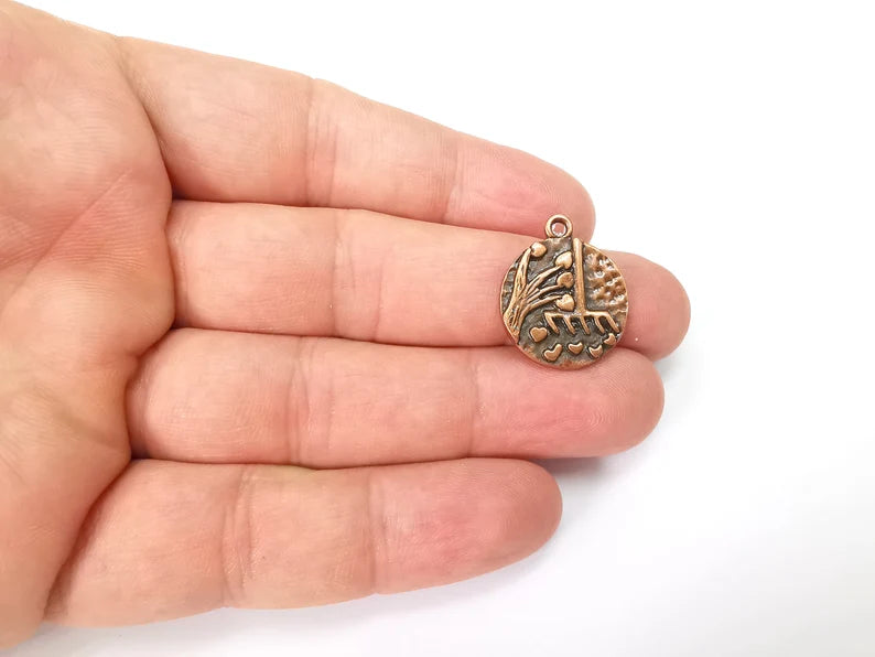 2 Heart Leaf Tree and Mop Charms Antique Copper Plated Charms (23x19mm) G29012