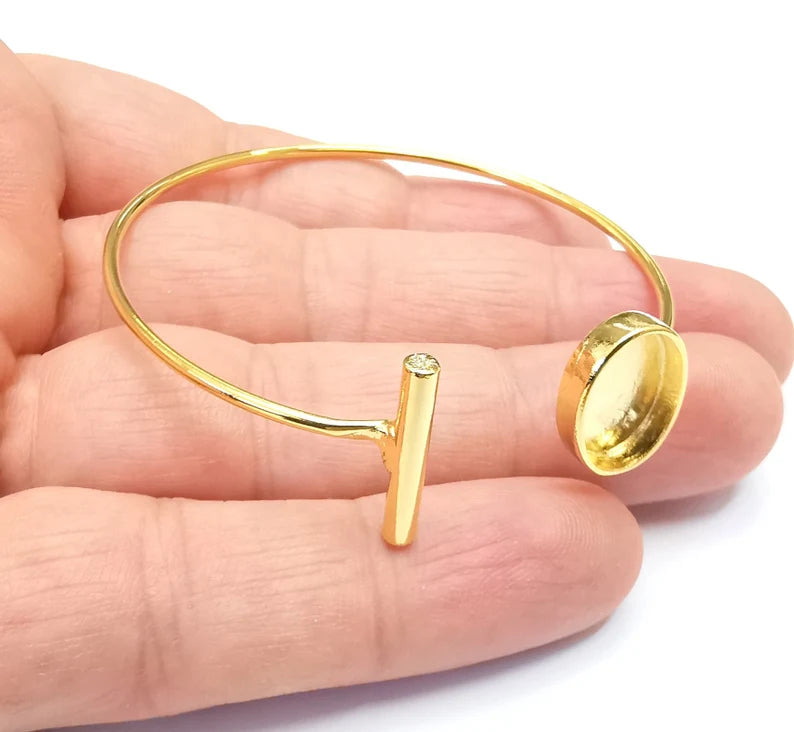 Adjustable Bracelet Bases, Resin Cuff Blank, Cabochon Bezels, Mosaic Mounting, Dry flower Frame, Shiny Gold Plated Brass (14x10mm) G29094