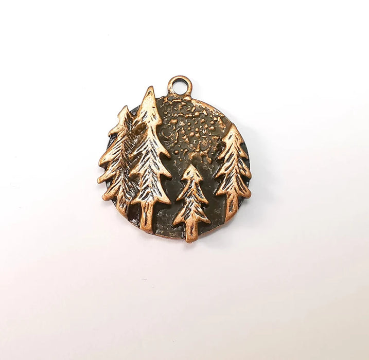 Pine Tree Round Charms Forest Landscape Pendant Antique Copper Plated Charms (31x28mm) G29100