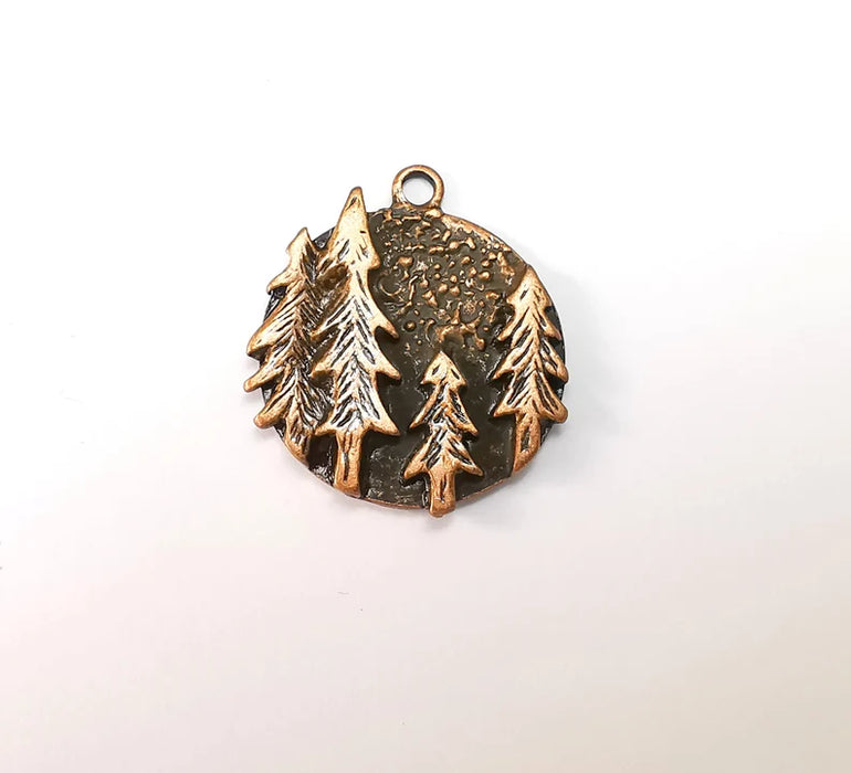 Pine Tree Round Charms Forest Landscape Pendant Antique Copper Plated Charms (31x28mm) G29100