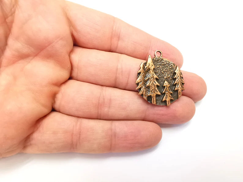 Pine Tree Round Charms Forest Landscape Pendant Antique Copper Plated Charms (31x28mm) G29100