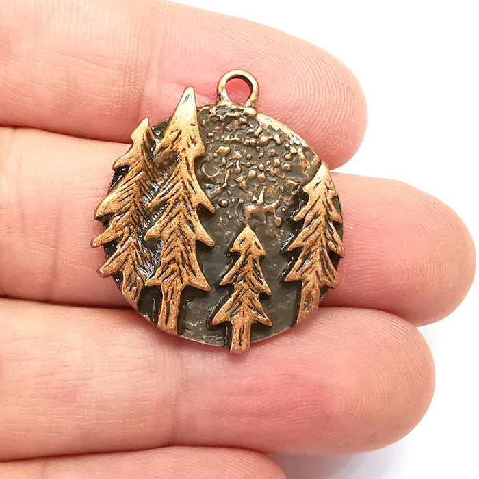 Pine Tree Round Charms Forest Landscape Pendant Antique Copper Plated Charms (31x28mm) G29100