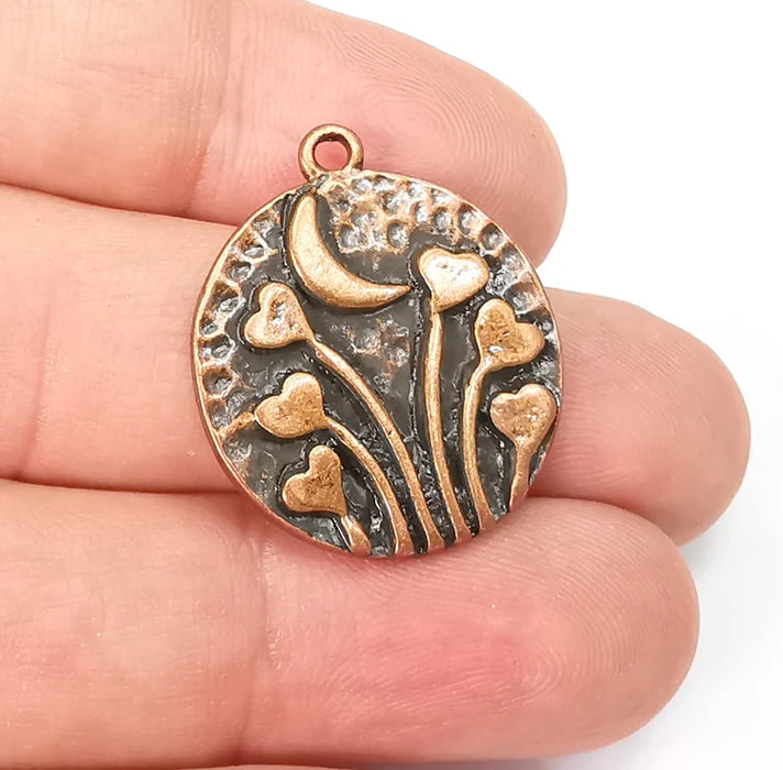 Heart Charms Crescent Moon Charms Hammered Disc Pendant Antique Copper Plated (29x25mm) G29022