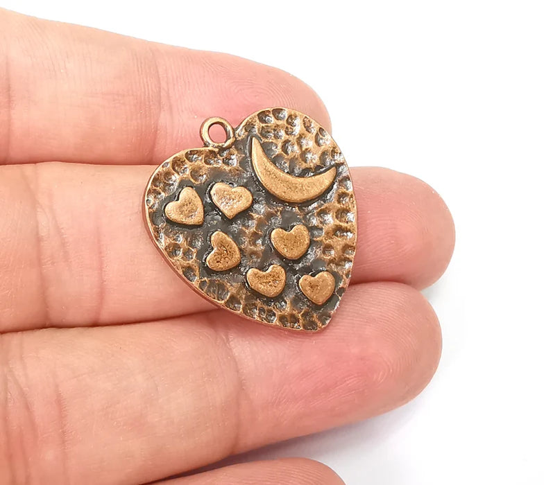 Heart Charms Crescent Moon Charms Hammered Disc Pendant Antique Copper Plated (29x27mm) G29023