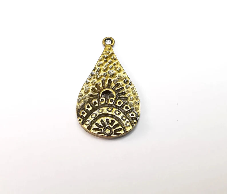 Drop Sun Hammered Dangle Charms, Antique Bronze Plated Charms (37x19mm) G29103