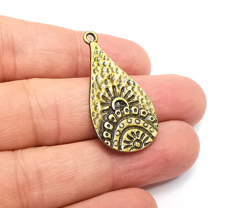 Drop Sun Hammered Dangle Charms, Antique Bronze Plated Charms (37x19mm) G29103