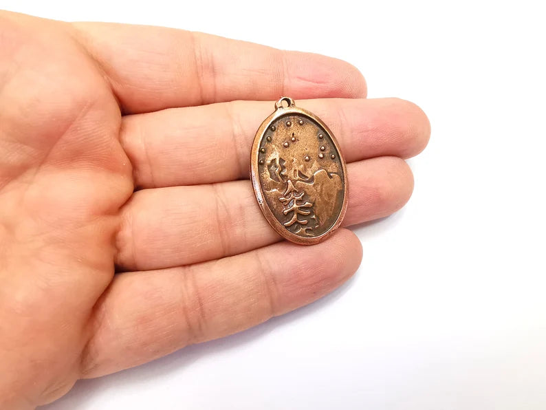 2 Winter Mountain Landscape Pine Tree Oval Pendant Charms Antique Copper Plated Charms (38x35mm) G29106