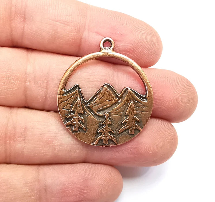 Mountain Landscape Pine Tree Crescent Moon Round Charms Pendant Antique Copper Plated Charms (34x29mm) G29110