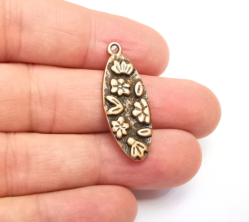 Flower Charms, Leaf Oval Dangle Charms, Antique Copper Plated (34x13mm) G29115