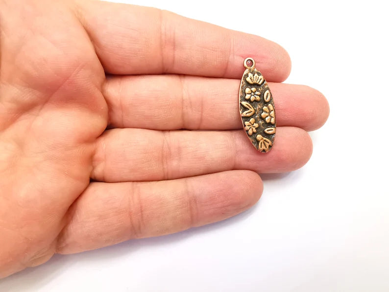 Flower Charms, Leaf Oval Dangle Charms, Antique Copper Plated (34x13mm) G29115
