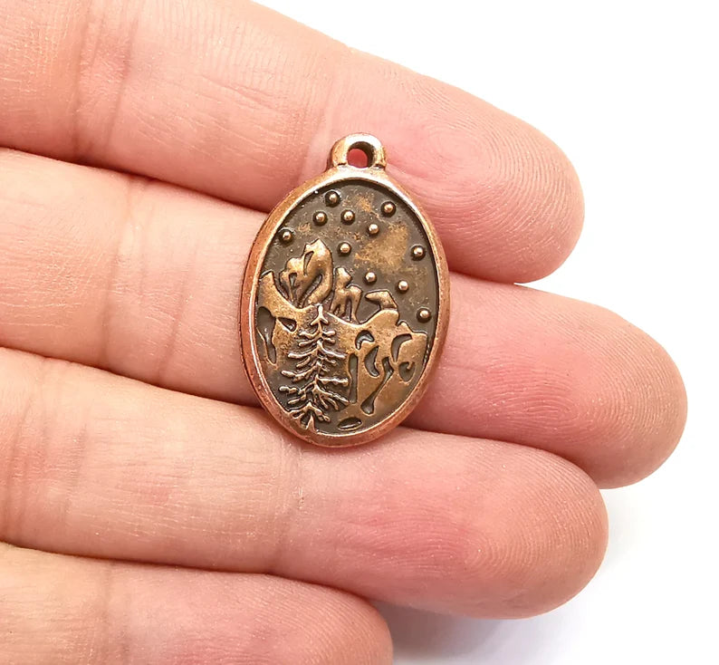 Winter Mountain Landscape Pine Tree Oval Pendant Charms Antique Copper Plated Charms (29x19mm) G29117
