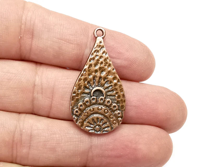 Drop Sun Hammered Dangle Charms, Antique Copper Plated Charms (37x19mm) G29124