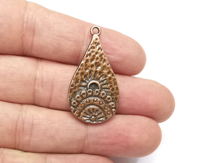 Drop Sun Hammered Dangle Charms, Antique Copper Plated Charms (37x19mm) G29124