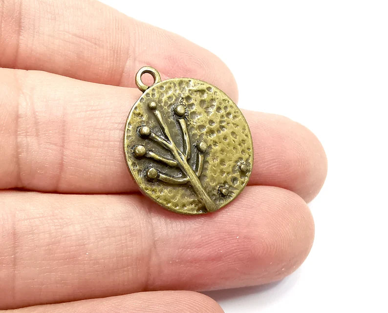 Tree Charms, Hammered Round Disc Pendant, Antique Bronze Plated Charms (26x22mm) G29126