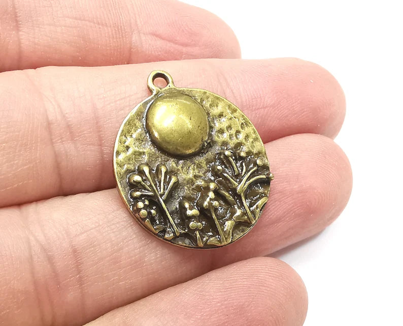 Tree Charms, Full Moon Hammered Round Disc Pendant, Antique Bronze Plated Charms (28x24mm) G29129