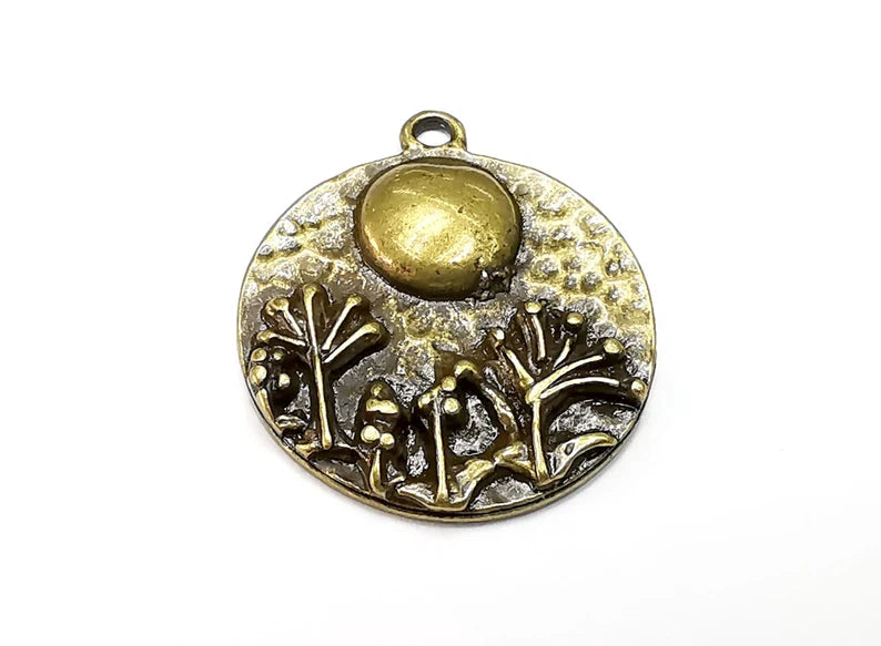 Tree Charms, Full Moon Hammered Round Disc Pendant, Antique Bronze Plated Charms (28x24mm) G29129