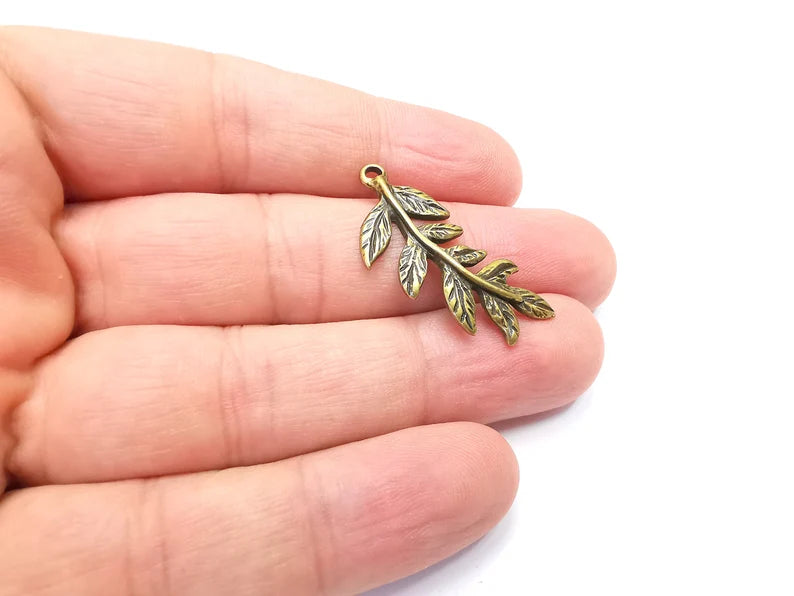 2 Leaf Charms, Leafy Branch Plant Charms, Antique Bronze Plated (35x15mm) G29029