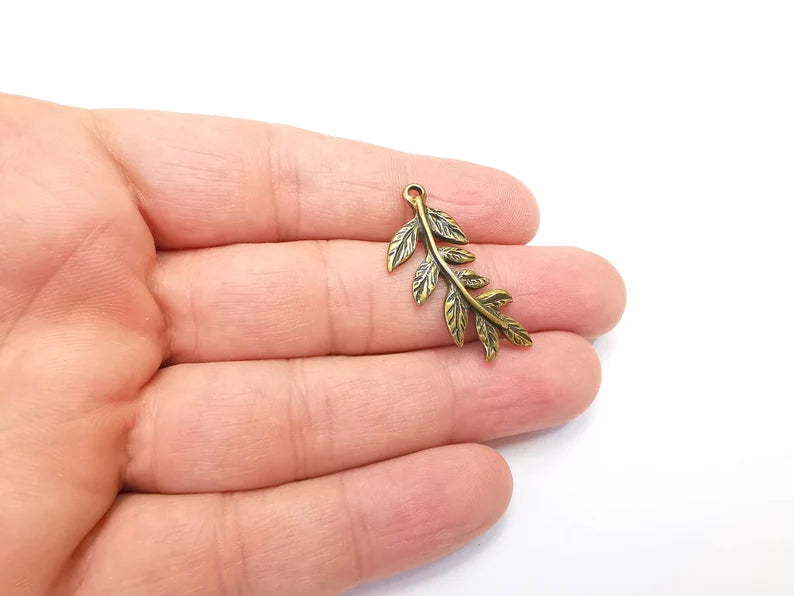 2 Leaf Charms, Leafy Branch Plant Charms, Antique Bronze Plated (35x15mm) G29029