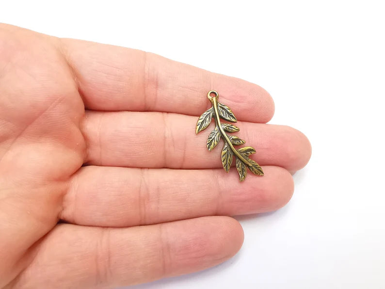 2 Leaf Charms, Leafy Branch Plant Charms, Antique Bronze Plated (35x15mm) G29029