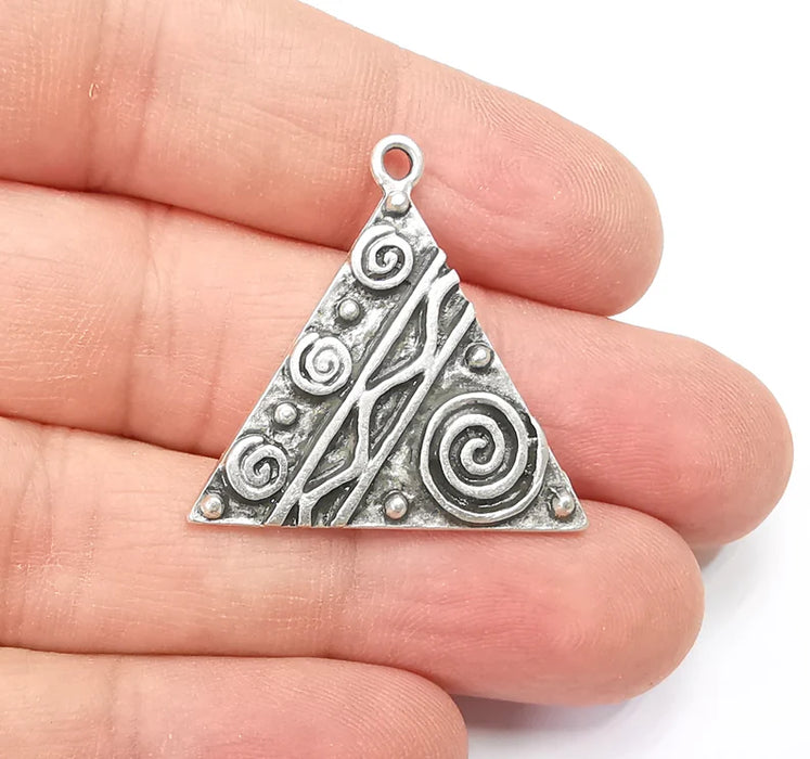 Unique Triangle Silver Charms, Antique Silver Plated (31mm) G29146