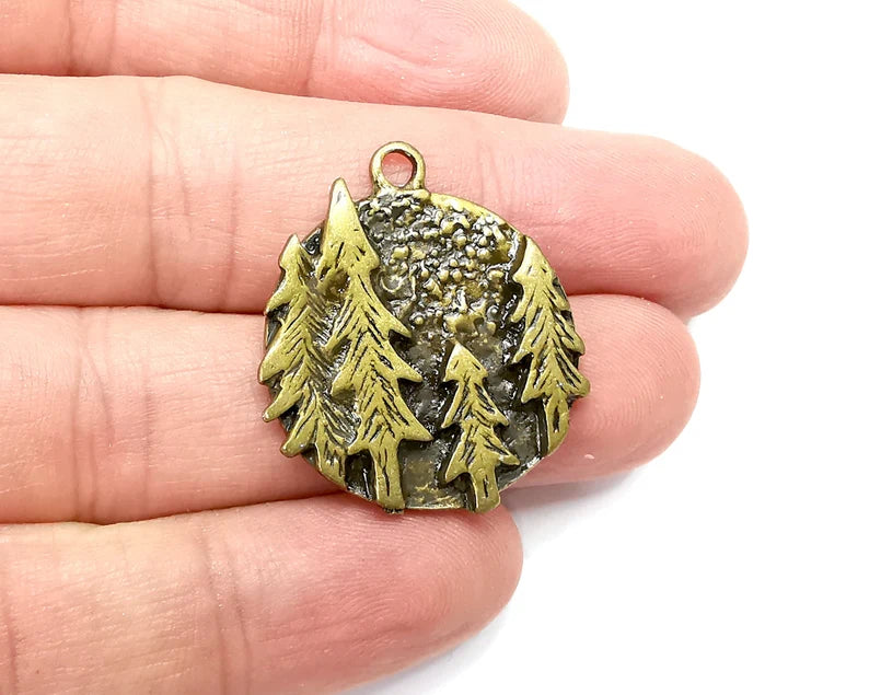 Pines Tree Charms Antique Bronze Plated Round Charms (32x28mm) G29173