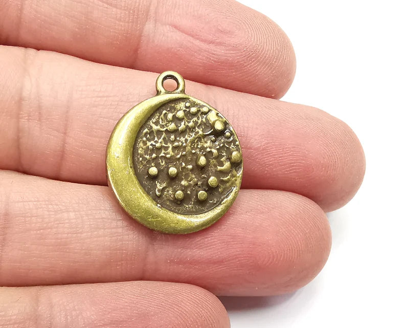 2 Crescent Stars Charms, Antique Bronze Plated Round Charms (24x20mm) G29175