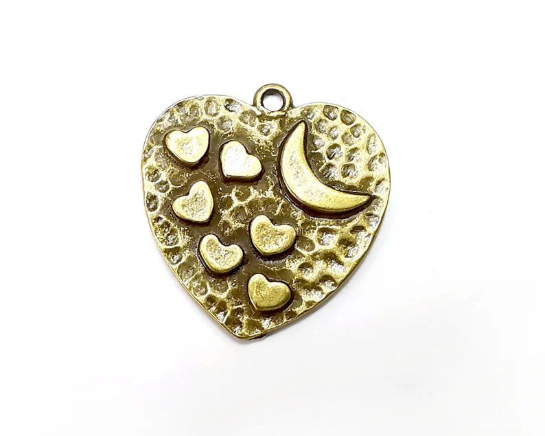 Heart Charms, Crescent Moon Charms, Hammered Disc Pendant, Antique Bronze Plated (29x27mm) G29181