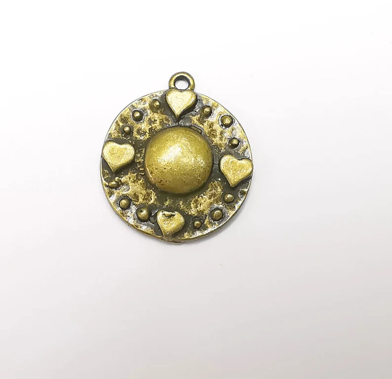 Heart Charms, Hammered Disc Moon Pendant, Antique Bronze Plated (28x25mm) G29191