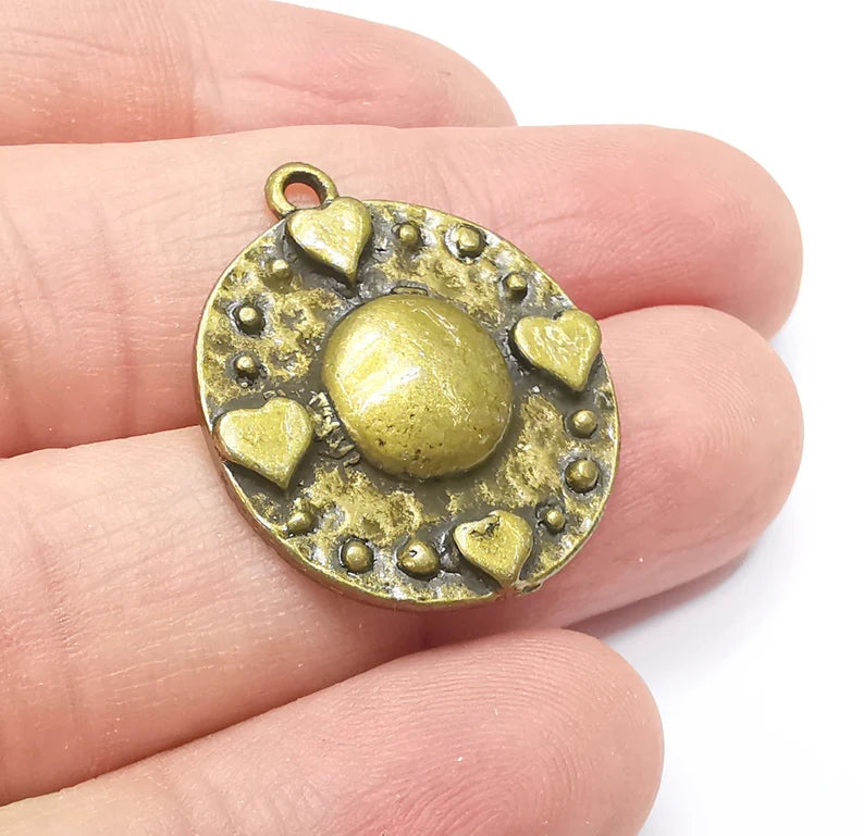 Heart Charms, Hammered Disc Moon Pendant, Antique Bronze Plated (28x25mm) G29191