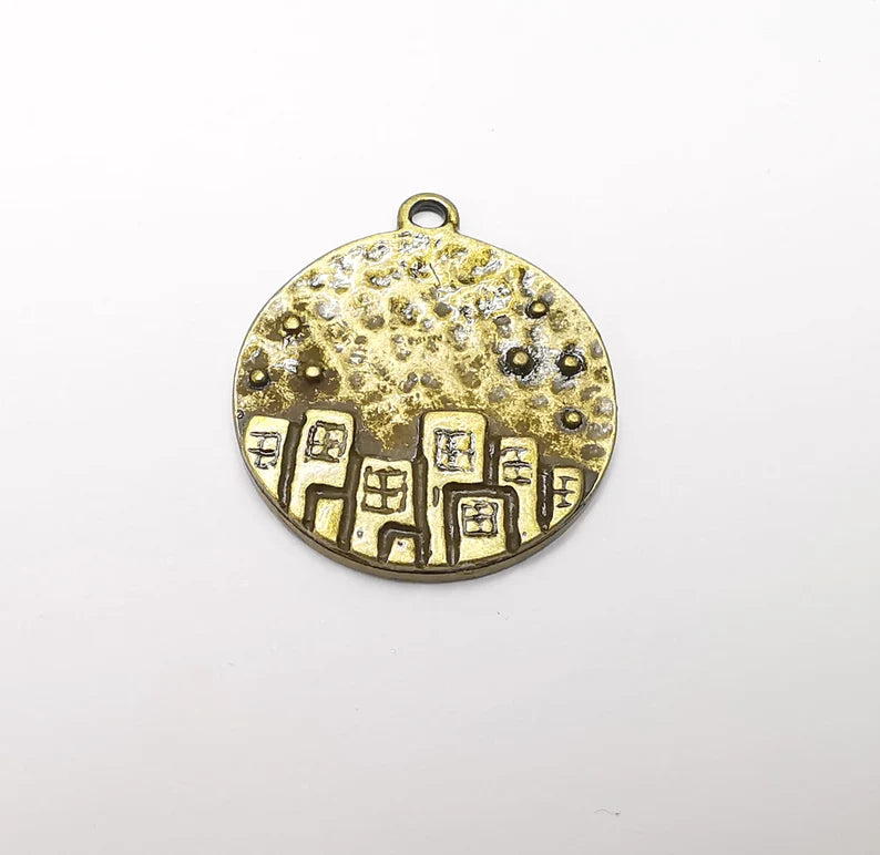 City Skyscrapers Charms Hammered Pendant Antique Bronze Plated (27x24mm) G29192