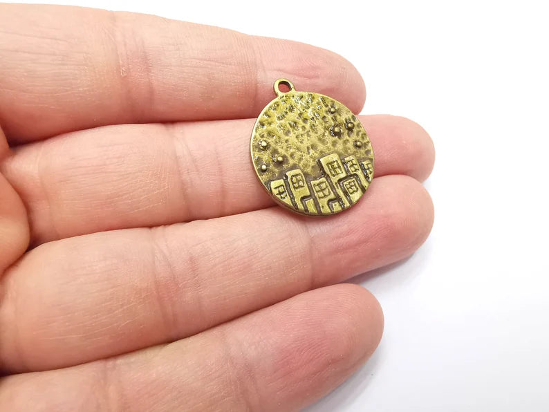 City Skyscrapers Charms Hammered Pendant Antique Bronze Plated (27x24mm) G29192