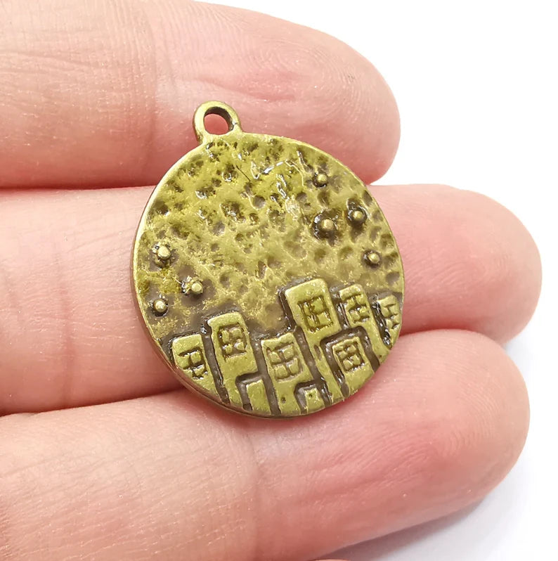 City Skyscrapers Charms Hammered Pendant Antique Bronze Plated (27x24mm) G29192