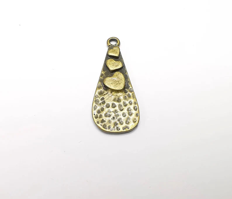 2 Heart Charms Hammered Teardrop Pendant Antique Bronze Plated (33x13mm) G29198