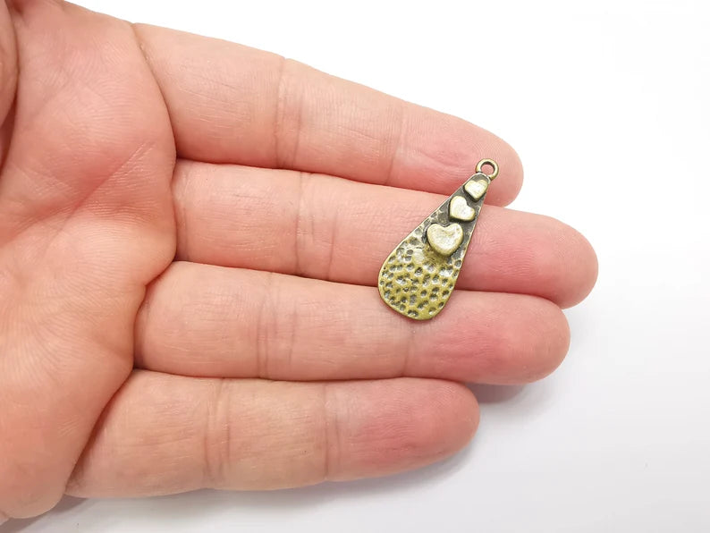 2 Heart Charms Hammered Teardrop Pendant Antique Bronze Plated (33x13mm) G29198